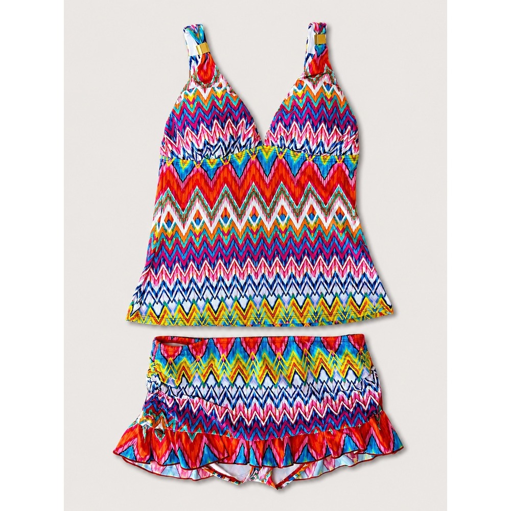 Kenneth Cole Reaction Womens Chevron Tankini Set Multicolor Zigzag Skirted M